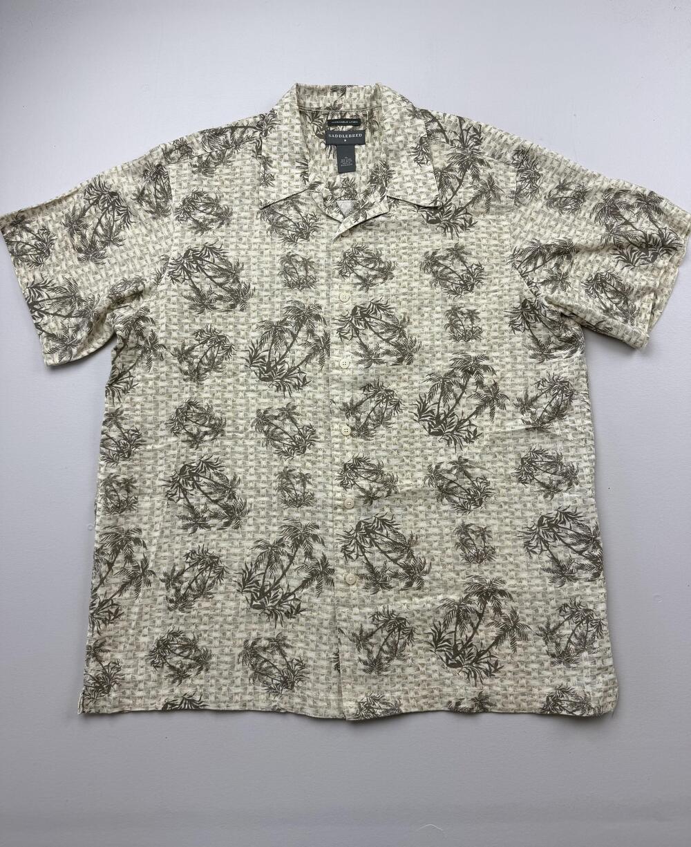 Saddlebred Shirt Mens XL Beige Palm Tree Short Sleeve Linen Button Up Tropical